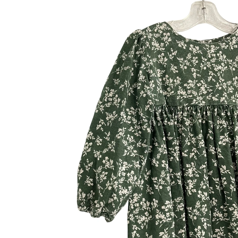Vestido Hecho a Mano Niñas 6 Giros Pradera Verde Ditsy Floral Manga Abullonada Casa de Campo Foto 3 de 4