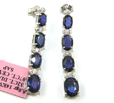 Natural Oval Blue Ceylon Sapphire & Diamond Drop Earrings 14K White Gold 7.28Ct