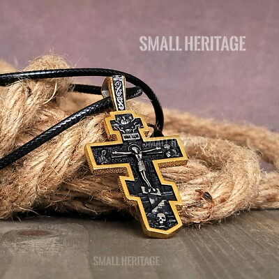 Orthodox Cross Necklace Stainless Steel Slavic Gold-Black Color Pendant Men 