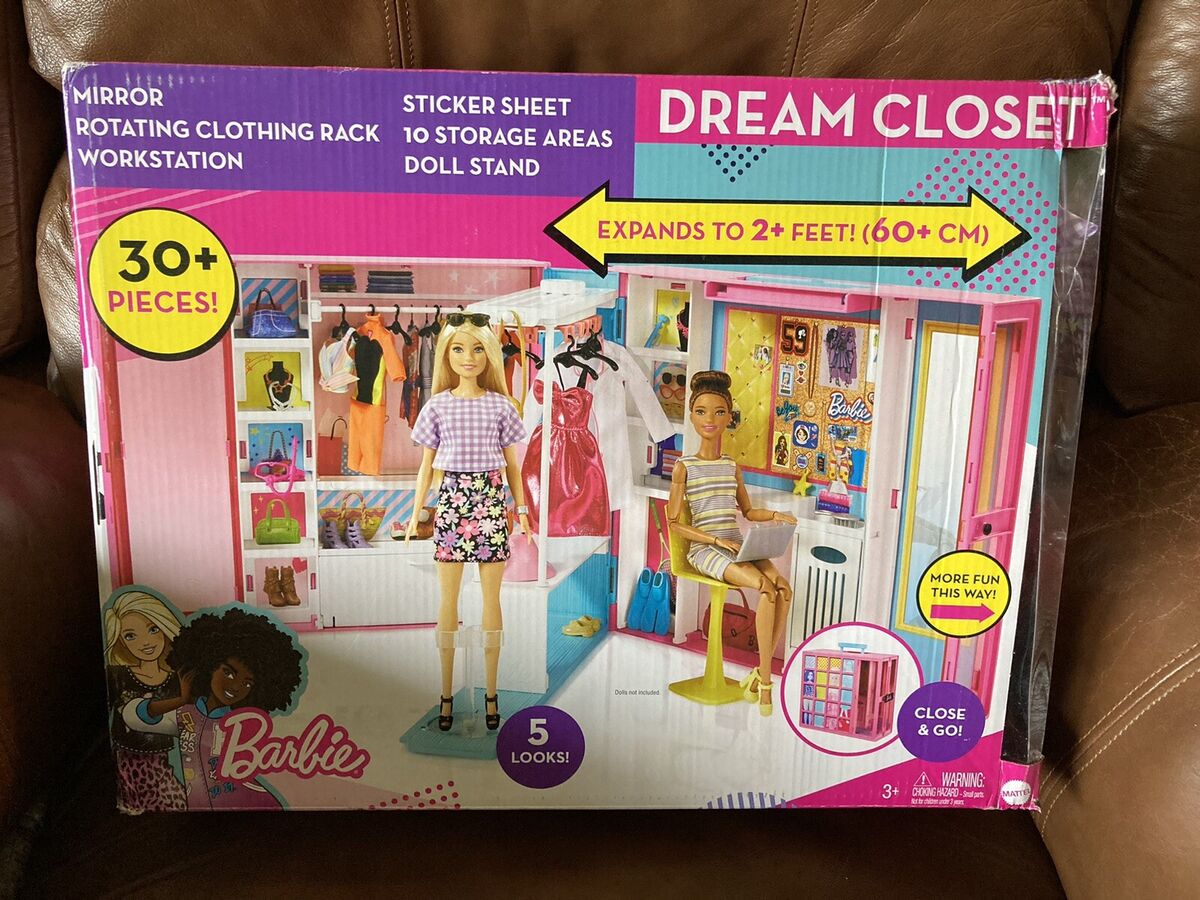  Barbie Closet Playset with 30+ Accessories, 5 Complete Looks,  Workstation and Rotating Clothing Rack, Fashionistas Dream Closet : Toys &  Games