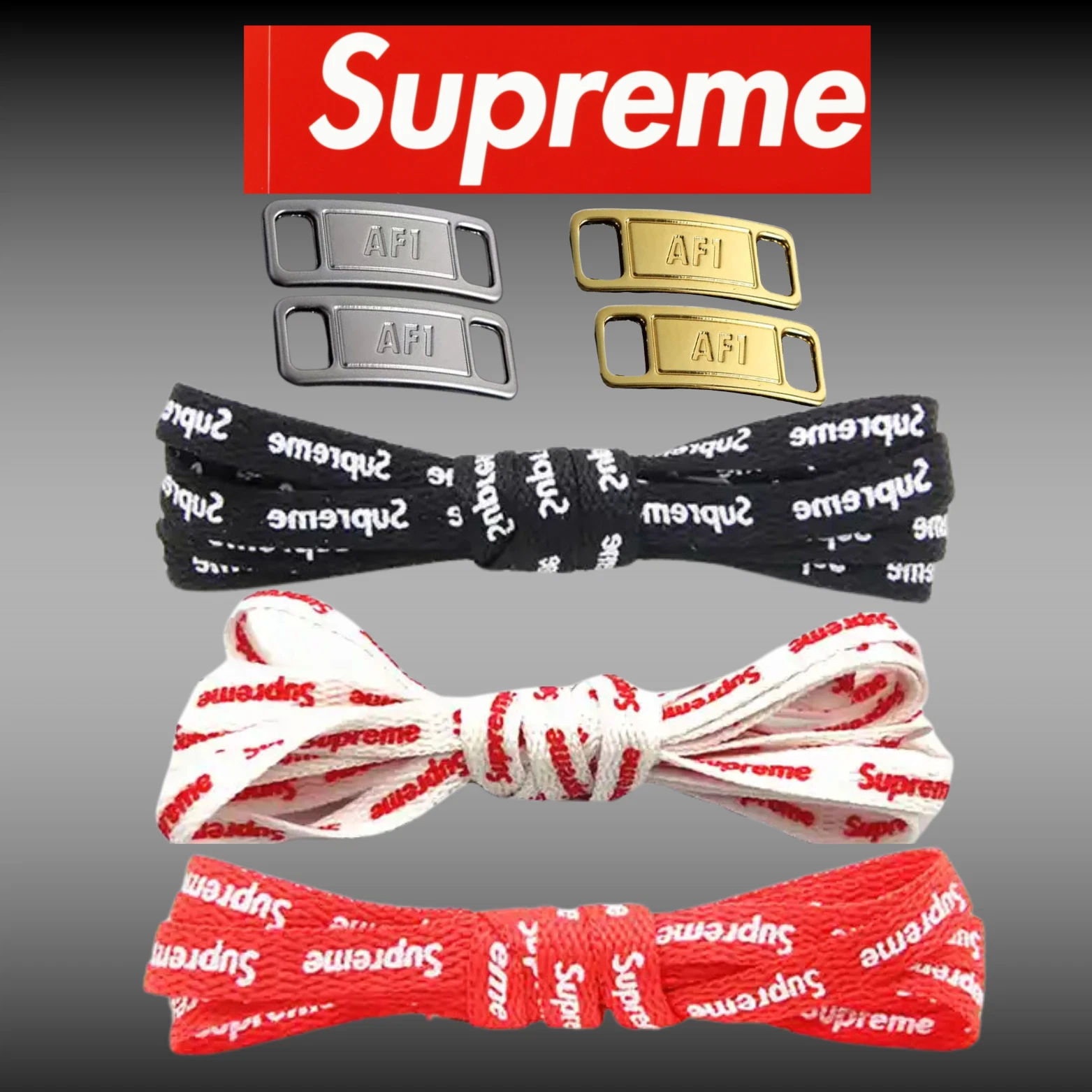 Ferrures à lacets AF1 + lacets de chaussures Supreme NOIR, ROUGE, BLANC