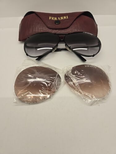 Gafas de sol Ferrari Aviator vintage con lentes ámbar y negras con estuche de cuero - Imagen 3 de 4