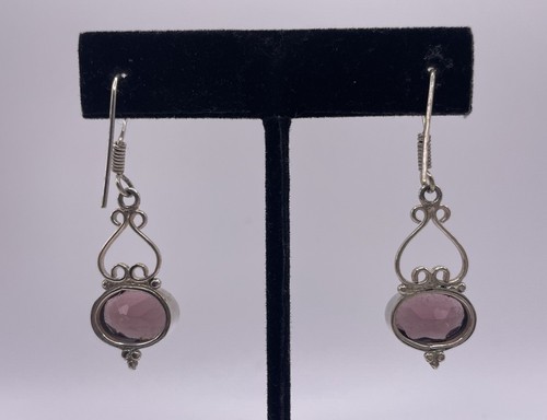 925 Sterling Silver Natural Amethyst Gemstone Drop Dangle Earrings 2” - Picture 2 of 7