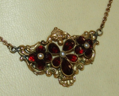 Collier - Kette Granat und Saatperlen Biedermeier 19. Jh. Schaumgold vergoldet - Bild 6 von 13