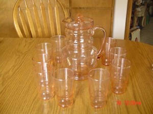 Vintage 30's Pink Depression Glass Pitcher w/Lid, Dunbar Flint Rings & 9 Tumbler