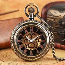 Vintage Golden Skeleton Hand Wind Mechanical Pocket Watch 30cm Pendant Chain