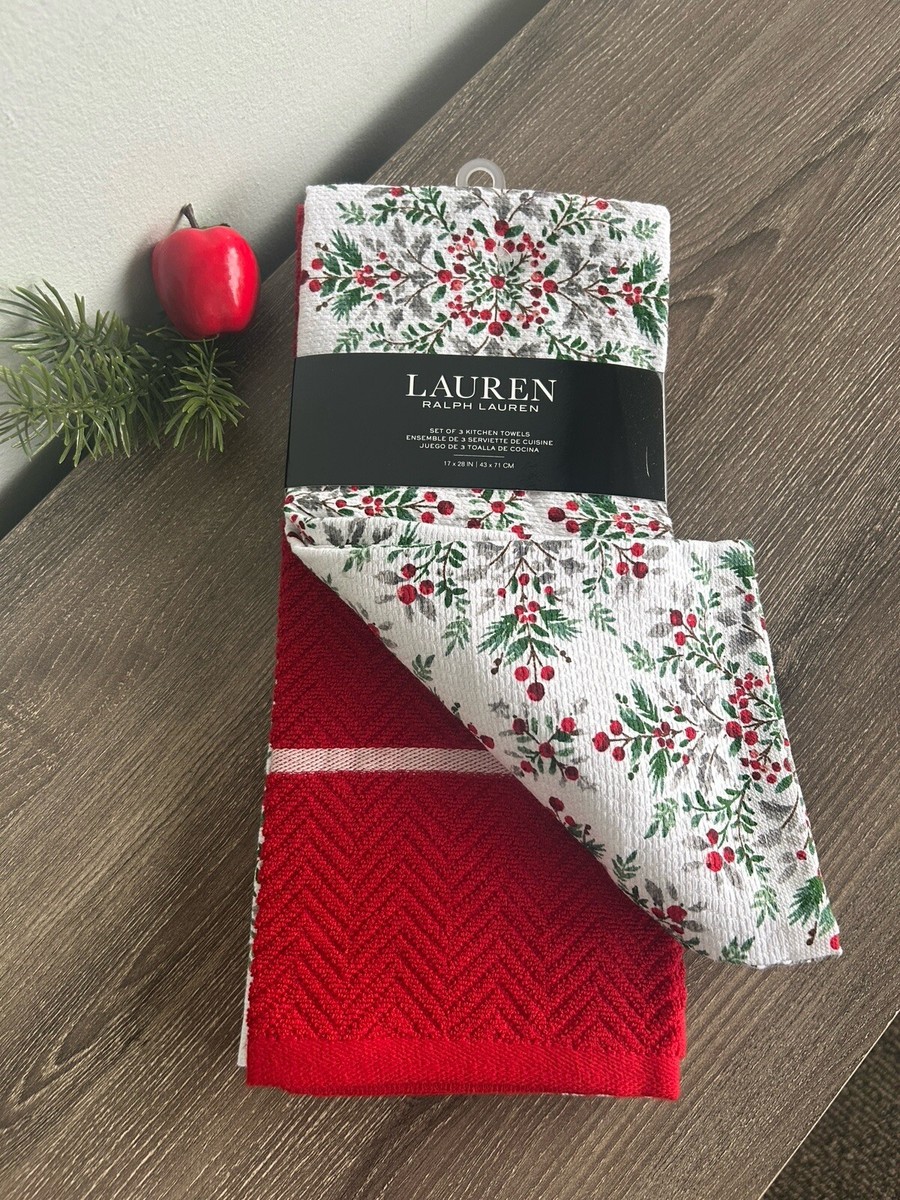 RALPH LAUREN Holiday Christmas 100% Cotton Kitchen Towels Set of 3