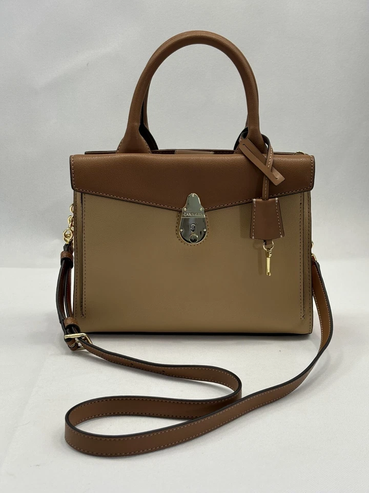 Calvin Klein Lock Daytona Brown Beige Orange Leather Gold Statement Satchel OBO - Image 2 of 4