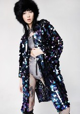 Holographic Disc Iridescent Sequin Kimono Party Jacket Duster Festival Sparkly