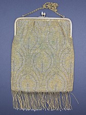 Vintage French Gold Color Beaded Micro Bead Purse Evening Bag with Fringe