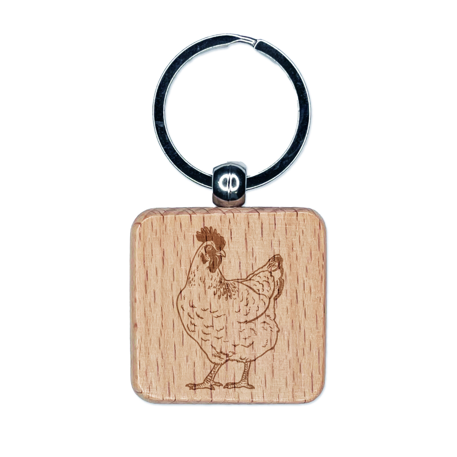 Curious Hen Chicken Engraved Wood Square Keychain Tag Charm