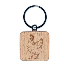 Curious Hen Chicken Engraved Wood Square Keychain Tag Charm