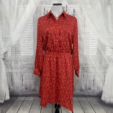 Vince Camuto Large Red White Long Sleeve Collar Dress Shirt Dress Asymmetric B20