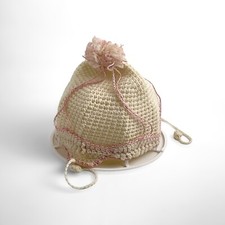 Vintage Handmade Little Girls knit Hat Beige Pink Pompom