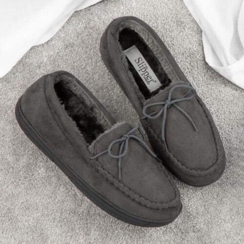 Men's Grey Moccasin Slippers Oscar Style by Shoezone – Size Uk