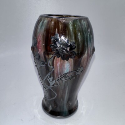 Antique ART NOUVEAU German Silver Overlay Multicolored Flambe Pottery Vase c1900