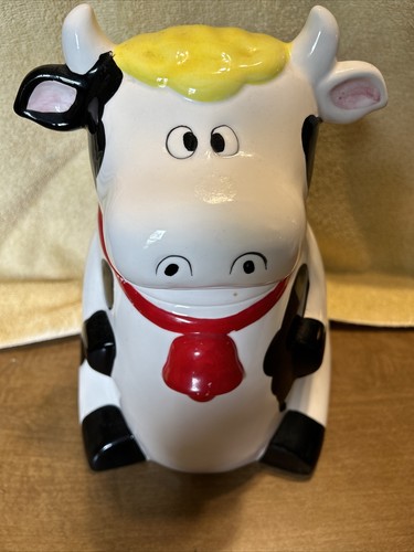 Tarro de galletas de vaca lechera con campana roja y bufanda y pelo amarillo cerámica/porcelana 11"T - Imagen 5 de 11