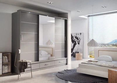 ARTHAUSS FURNITURE Brand New Modern Bedroom Sliding Door Wardrobe ARTI 1 250cm in Grey Matt Mirror