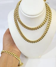 Real 10k Gold Miami Cuban Chain 7mm Bracelet Set Men Women Yellow Necklace
