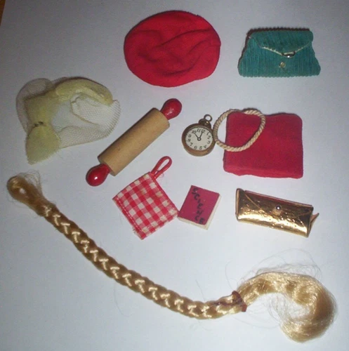 Vintage Barbie Ken Doll Accessories Lot Purses Hats Clock Rolling Pin Pot Holder