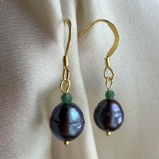 Gold Vermeil 925 Sterling Silver Freshwater Pearl And Emerald Hook Earrings