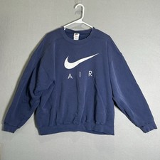 Vintage 90s Nike Air Swoosh Crewneck Sweatshirt Navy Blue Size L Trashed Worn In