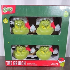 New Christmas Grinch Battery-Operated Pathway Stakes 4 Count W/ Santa Hat LED