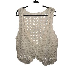 Vintage Crochet Vest Cream Floral Boho 90s Ramie Cotton One Size L Cottagecore