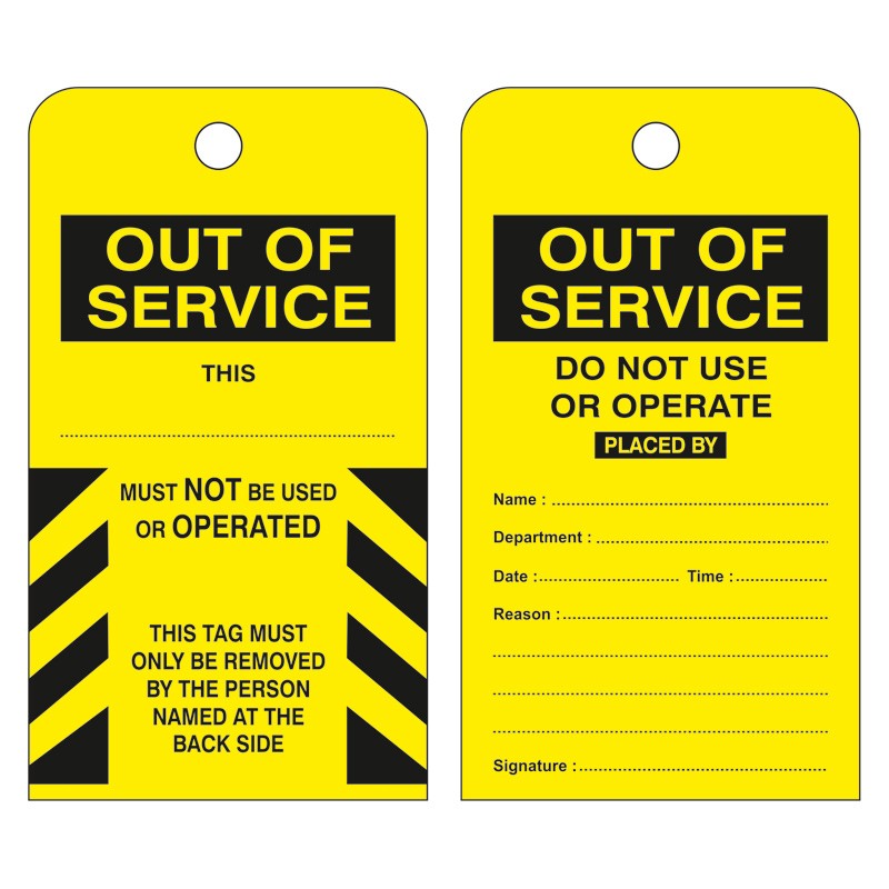 Lockout Tags - ''Out Of Service - Do Not Use or Operate'' - Pack of 10 - Yellow