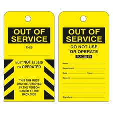 Lockout Tags - ''Out Of Service - Do Not Use or Operate'' - Pack of 10 - Yellow