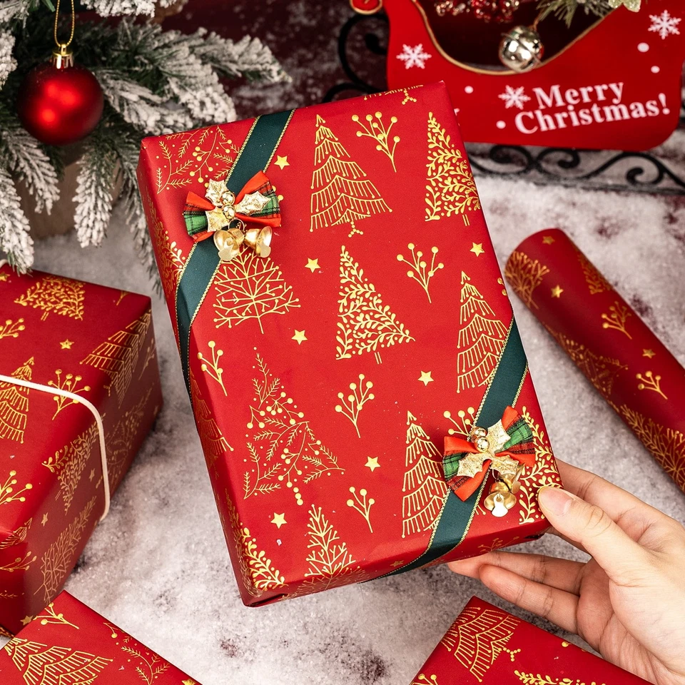 Red Gold Christmas Tree Wrapping Paper Roll Metallic Foil 17x33 Ft Holiday Gift - Image 4 of 4