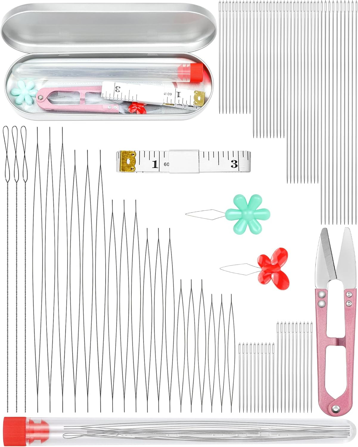 87 Pcs Beading Needles Set – 3 Types: 6 Sizes Big Eye Seed Bead Needle & 6 Sizes