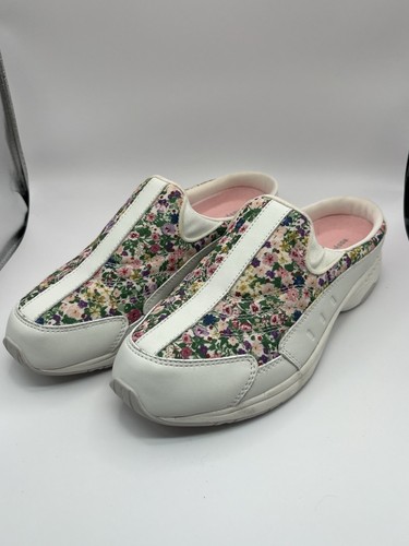 EASY SPIRIT WHITE FLORAL LEATHER COMFORT SLIP ON MULES SIZE 8.5M SHOES Worn X 1 - Picture 2 of 6