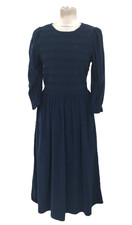 M&S Women's Dress Midnight Navy Corduroy Shirred Smock 3/4 Puff Sleeves New