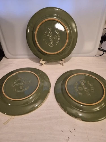 Hull Green Avocado drip 9 1/2" Dinner Plates Lot Of 3 Crestone Oven Proof USA