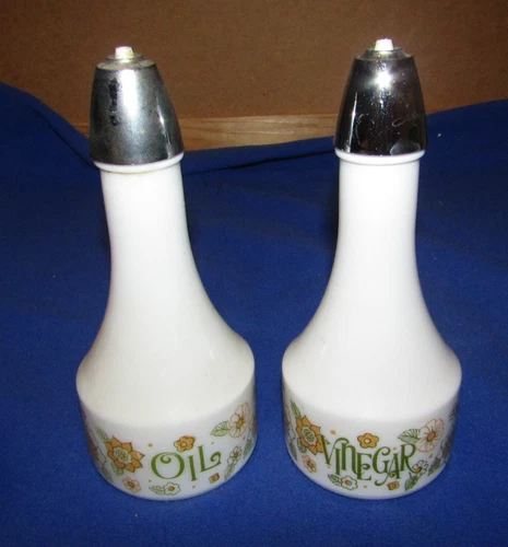Vintage  Gemco Oil & Vinegar Cruets Milk Glass Flower Power Bottles