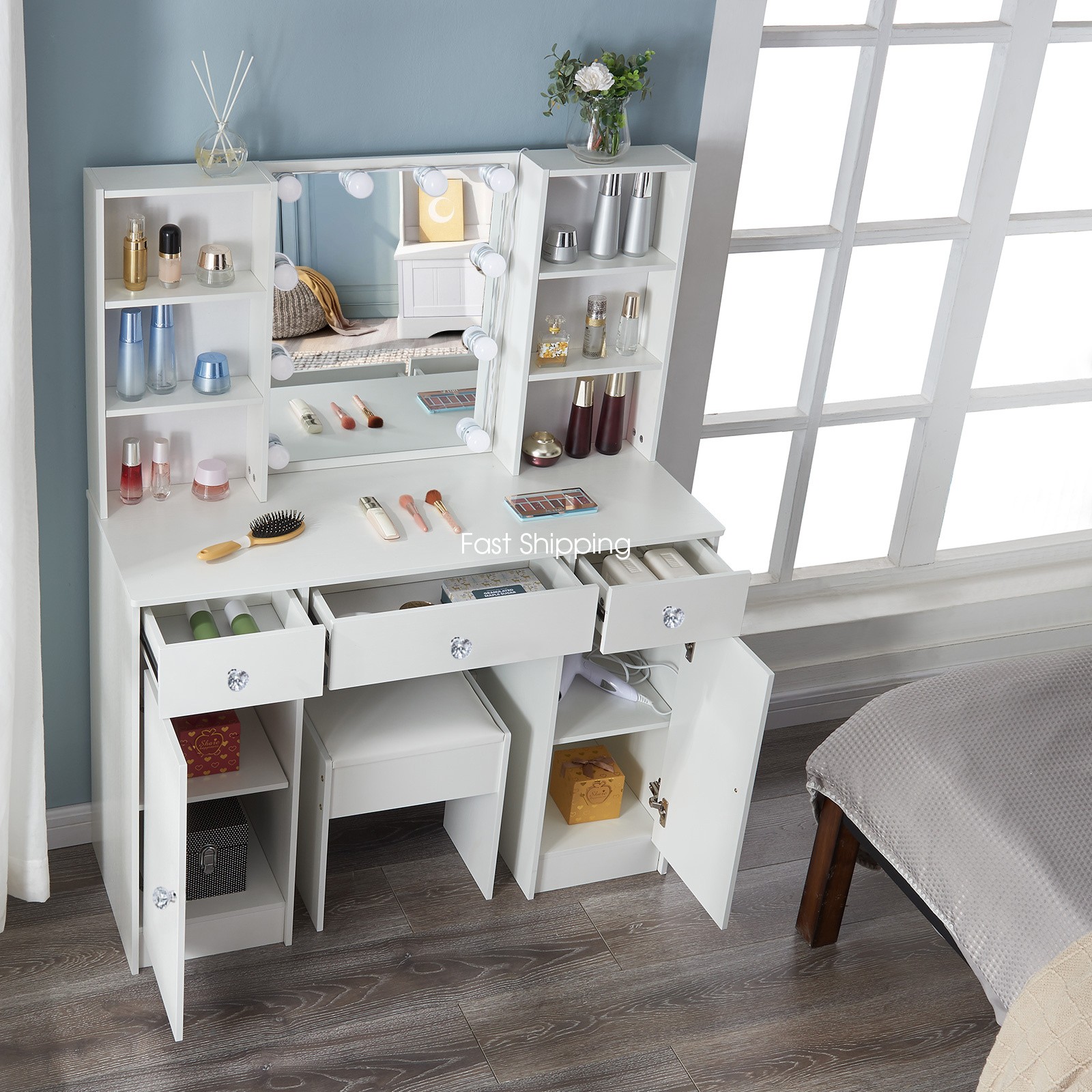 Vanity Set Makeup Large LED Lighted Mirror Dressing Table Dresser Desk w/ Drawer