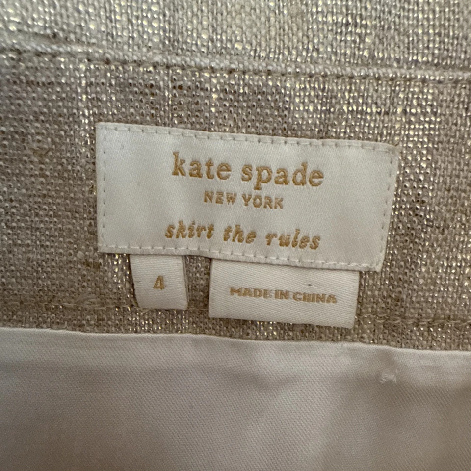 Falda Kate Spade Piper Starlight dorada 100 % lino talla 4 forrada cremallera lateral vacaciones Foto 4 de 4