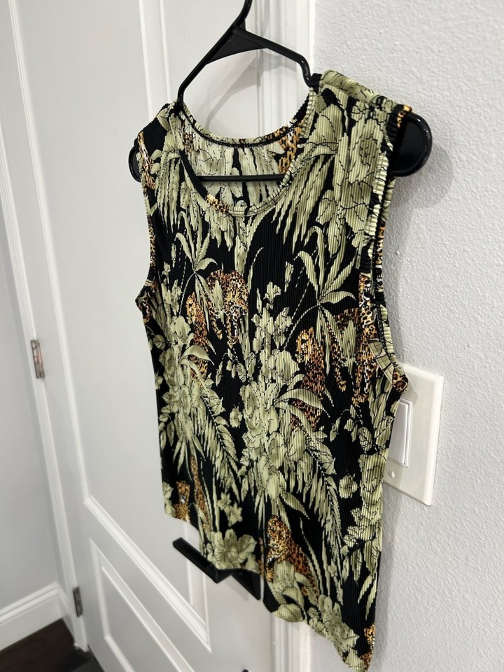 Womens Black Sleeveless Tropical Leopard Print Ribbed Tank Top Size ...
