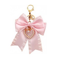 Cute Bow Keychain with Pearl Heart Charm - Satin Ribbon Key Ring for Bag, Pur...
