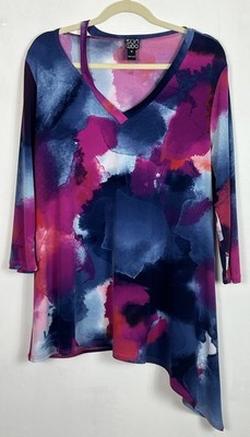 Clara Sun Woo Top Blouse M 3/4 Sleeve Slinky Asymmetrical Pink Art to Wear Artsy
