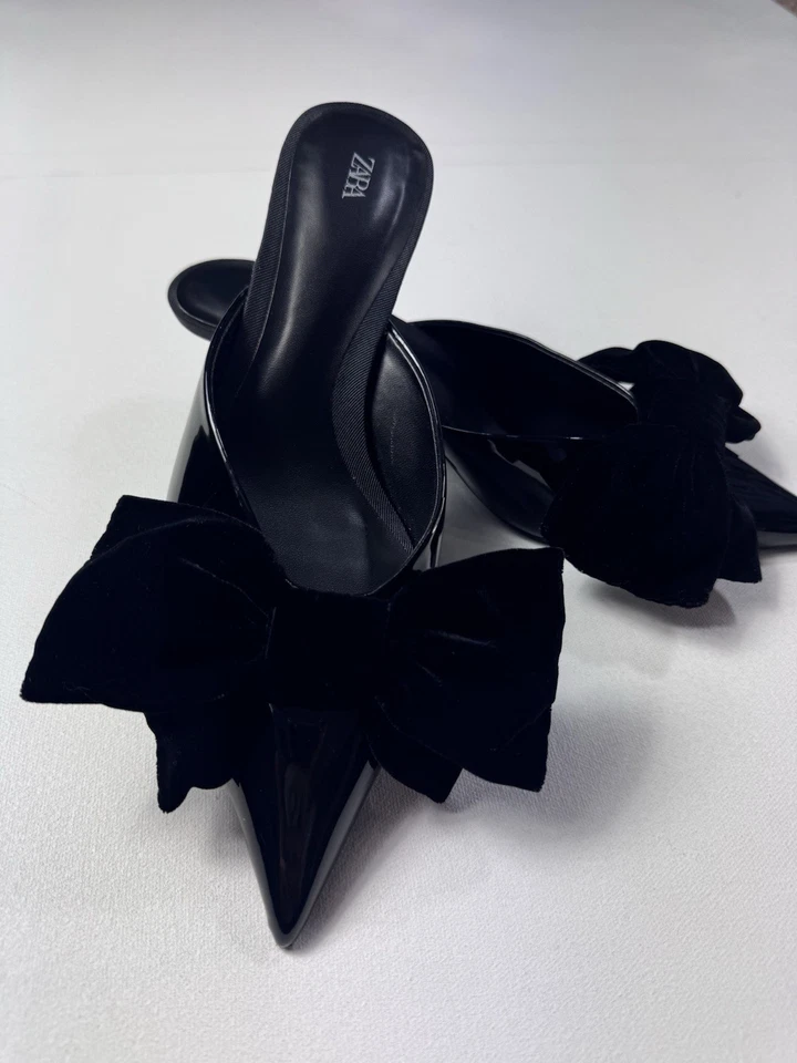 Zara Negro Punta Punta Gatito Tacón Imitación Charol Mules Arco Talla 39 Foto 2 de 4