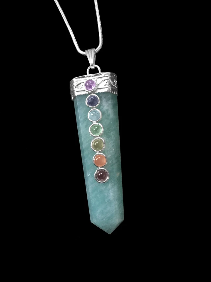 Colgante Chakra Cristal Amazonita GRANDE Collar Punta Plata Esterlina CARGADO Foto 4 de 4