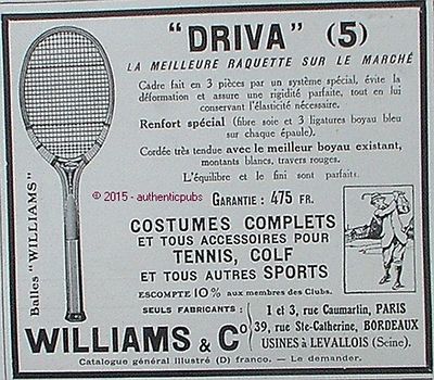 ADVERTISEMENT WILLIAMS & C° TENNIS RACKET DRIVEA 5 GOLF BALLS 1928 FRENCH AD