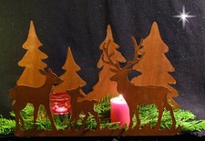  Kerzenhalter-Waldszene-Waldtiere Hirsch Reh Kitz Tannenbaum Kerzenleiste Rost