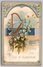 Vintage Postcard Easter Embossed Harp Flowers Eatertide c1908 -10786