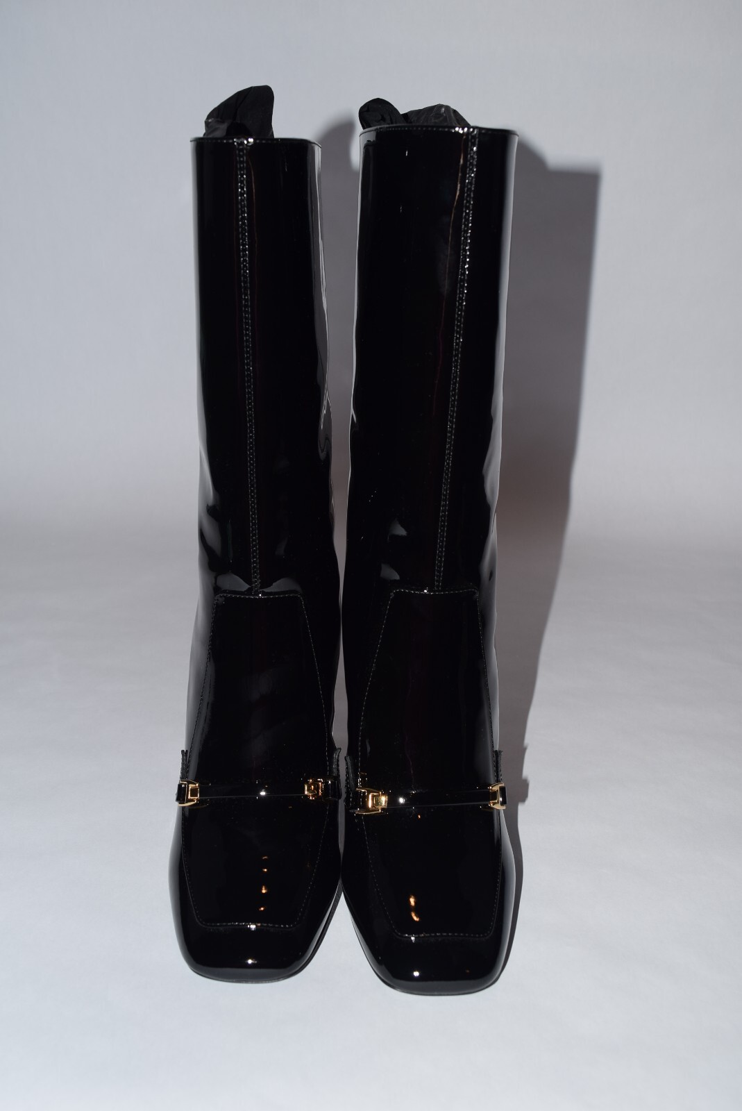 Stivali nuovi con scatola YSL Saint Laurent Camden 105 in pelle verniciata taglia 40 neri a punta di cavallo