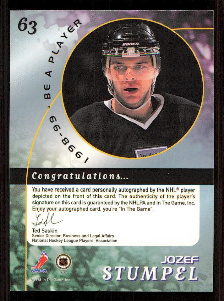 1998-99 Be A Player AUTO #63 Jozef Stumpel - Image 2 of 2