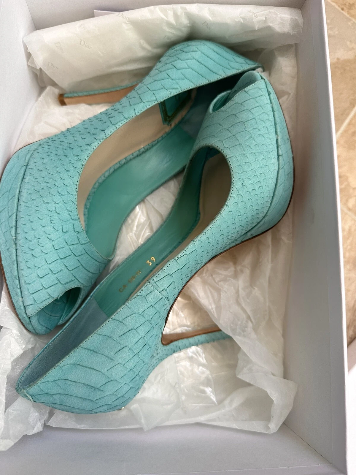 Pompe plate forme Christian Dior Miss Dior Peep Toe, Python Nabuck, 39, aigue marine