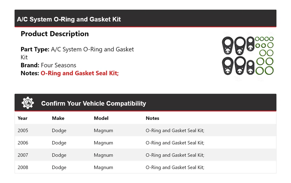 Комплект уплотнительных колец и прокладок для системы кондиционирования Dodge Magnum 2005-2008 годов выпуска 4 сезона 2006 2007 - Изображение 2 из 4
